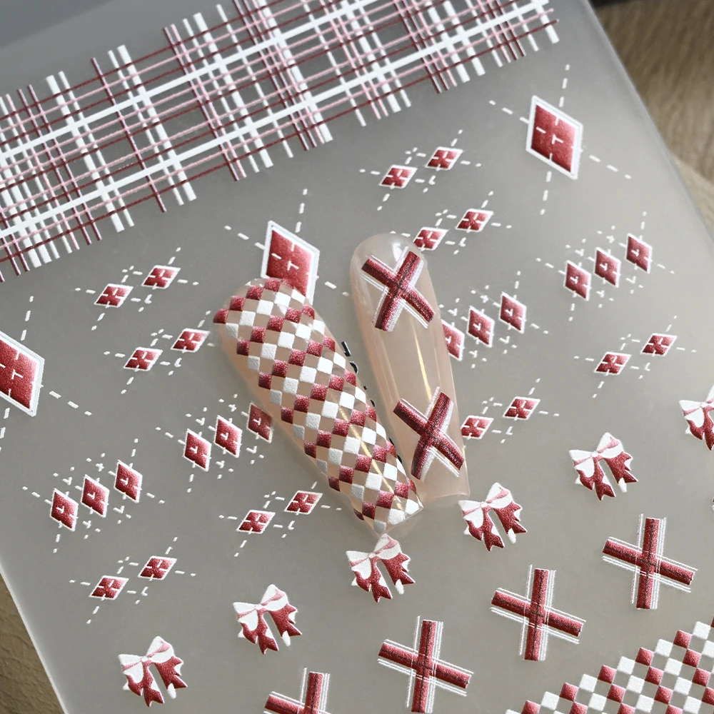 1Pcs 5D Embossed Red White Bow Plaid Nail Stickers Diamond Checkered Adhesive Nails Sliders for Girls Daily Sweet Manicure Decor