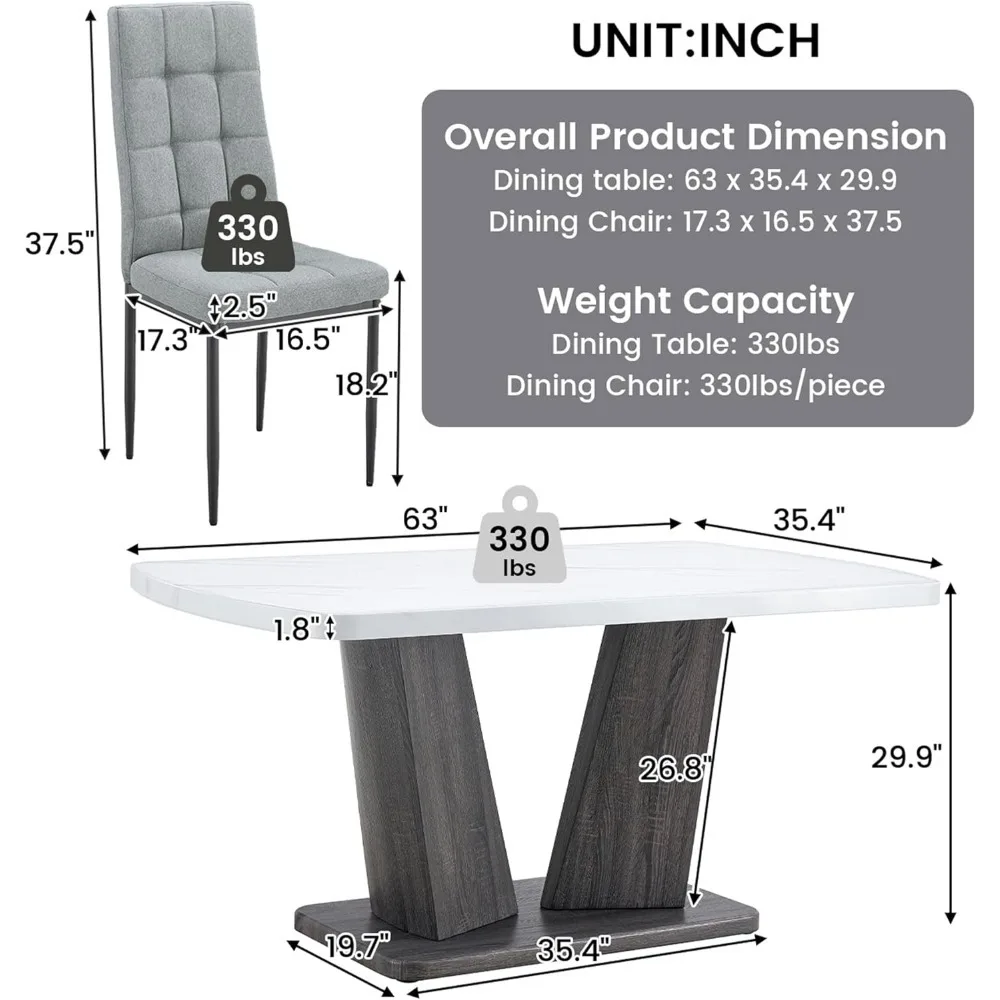 Conjunto de mesa de jantar de mármore, base de pernas de madeira de mesa em forma de V, conjunto de mesas de cozinha, 6 cadeiras para cozinha, conjunto de mesas de jantar modernas de 7 peças