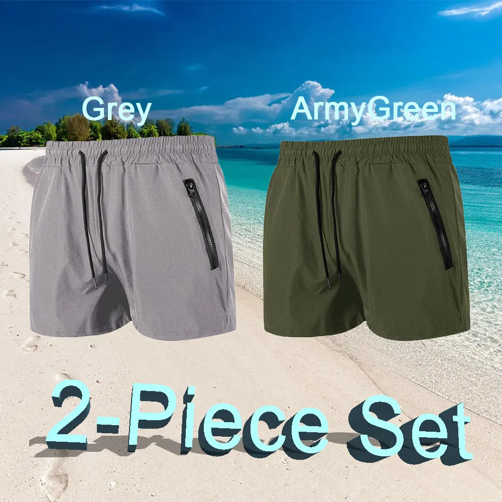 Herren-Badeshorts in einfarbiger Farbe, Sommer, lässig, Strand-Boardshorts für Herren, schnell trocknend, zum Laufen, Fitness, Fitnessstudio, Shorts mit Reißverschlusstasche