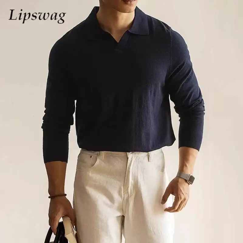 

Весенне-осенний повседневный мужской свитер-поло, винтажные однотонные тонкие рубашки-поло с длинными рукавами, мужские стильные свитера с отложным воротником
