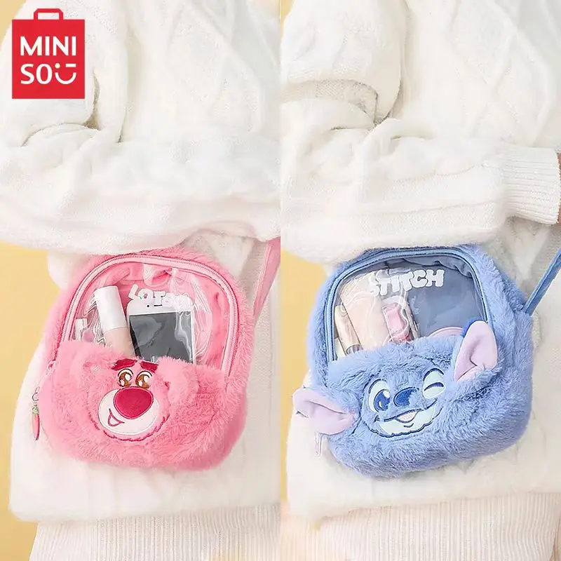 MINISO Strawberry Bear plush Crossbody pain bag Cartoon Stitch small bag Three eyes shoulder bag