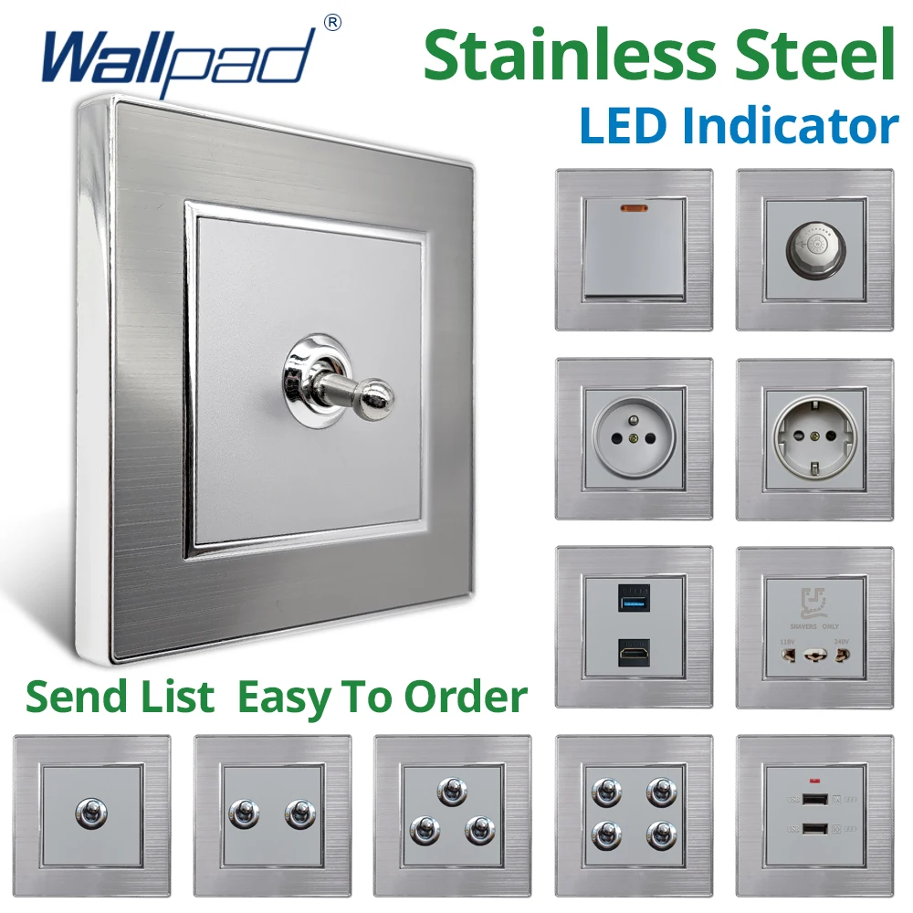 

Настенная панель из нержавеющей стали, панель 1, 2, 3, 4 группы, 1 2-позиционный тумблер, настенные выключатели света, электрическая розетка европейского стандарта, розетка 110 220 В