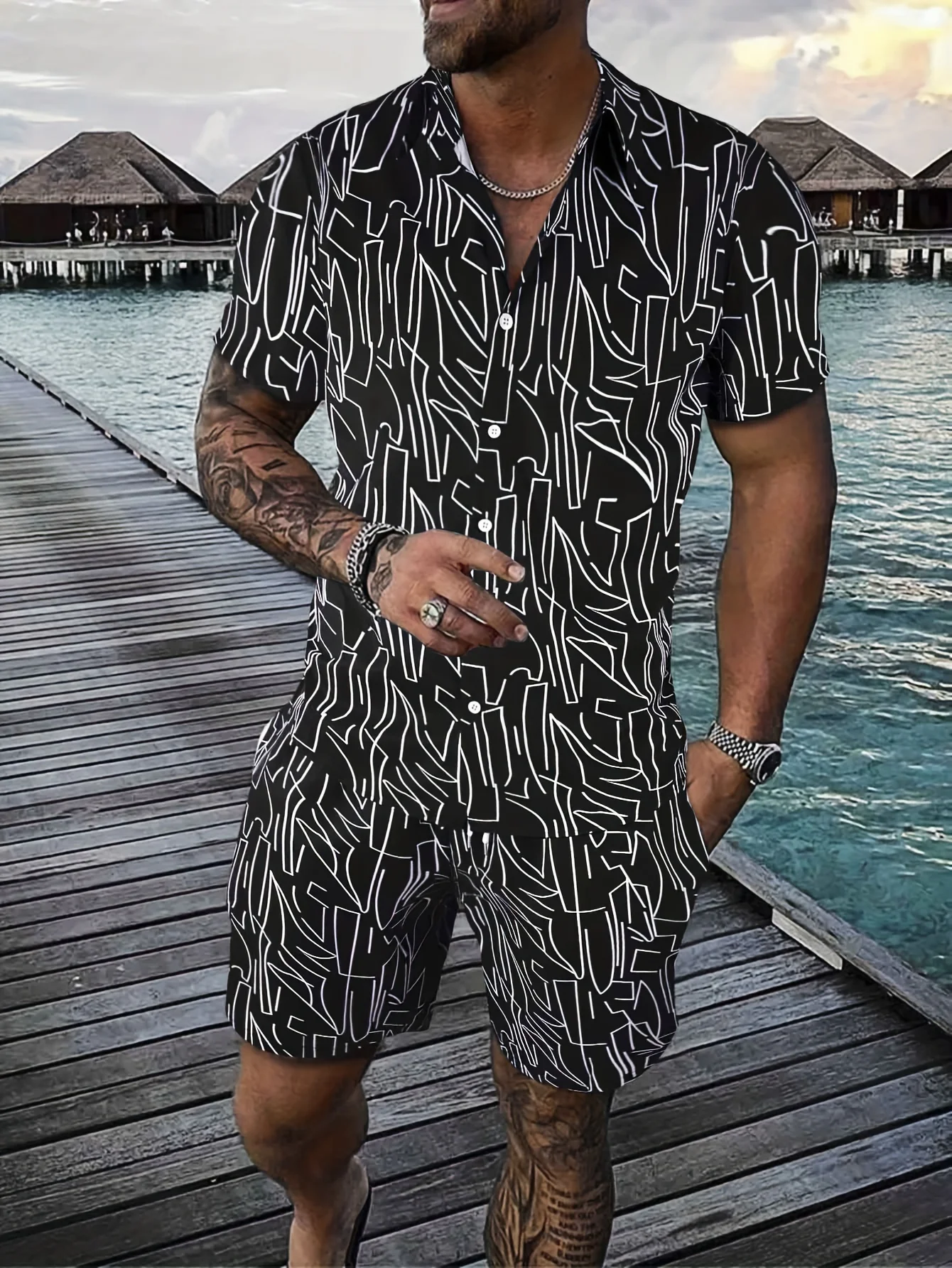 Conjunto de camisa con estampado 3D para hombre, camisa informal de manga corta con rayas irregulares, pantalones cortos de playa de gran tamaño,