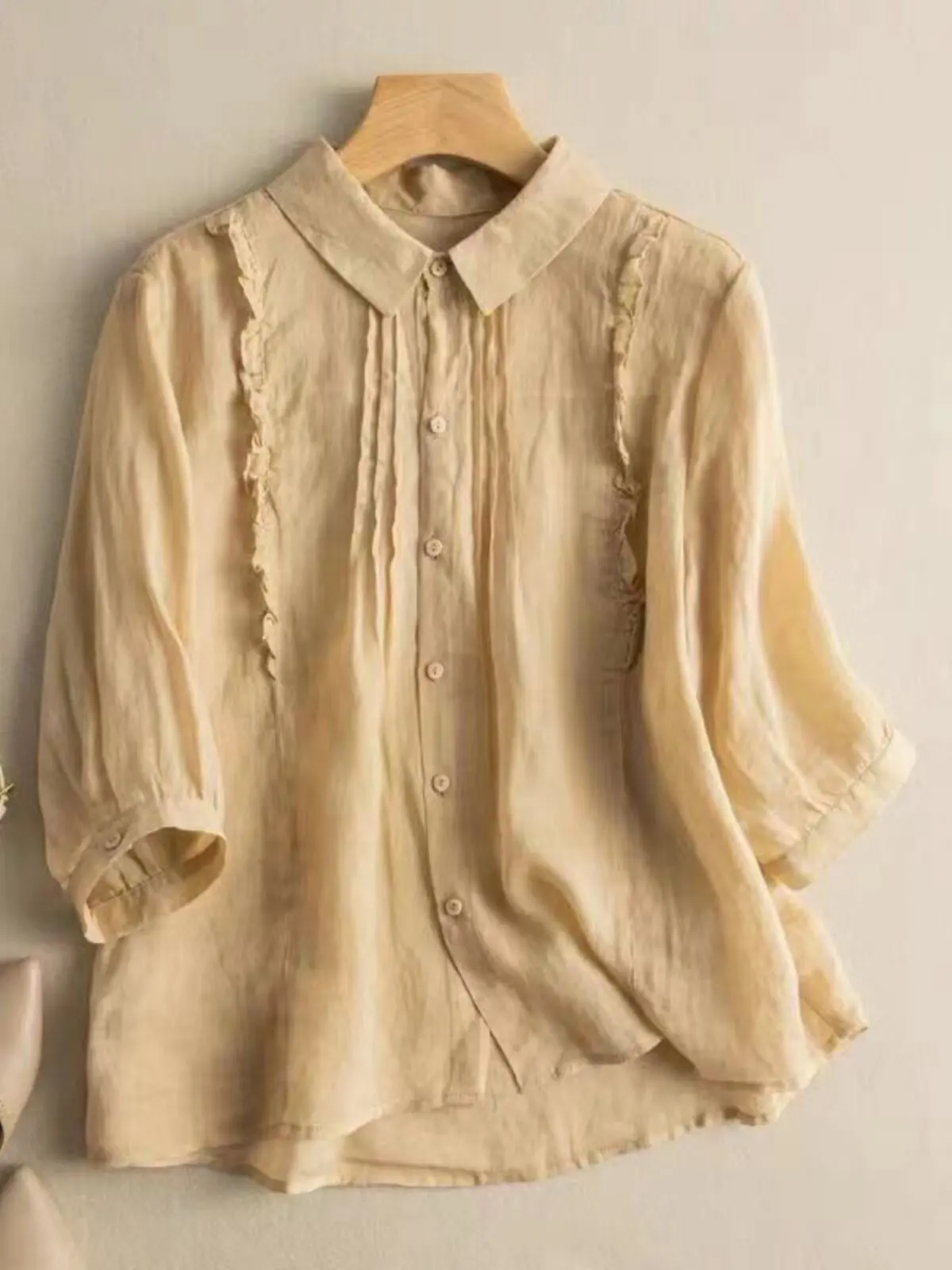 

Women's Loose Fit Shirt Collar Seven Quarter Sleeve Vintage Style Resistant to Deformation Floral Lace Detailing Top