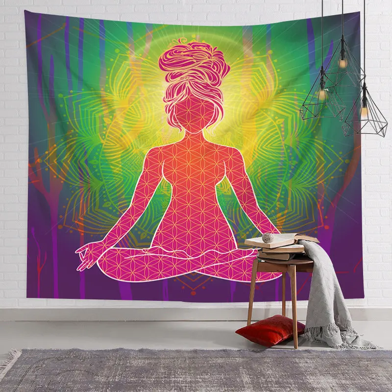 VIKAMA Meditating Woman Silhouette Tapestry Wall Hanging Rainbow Flower of Life Boho Gypsy Aesthetic Wall Art Bedroom Dorm Decor