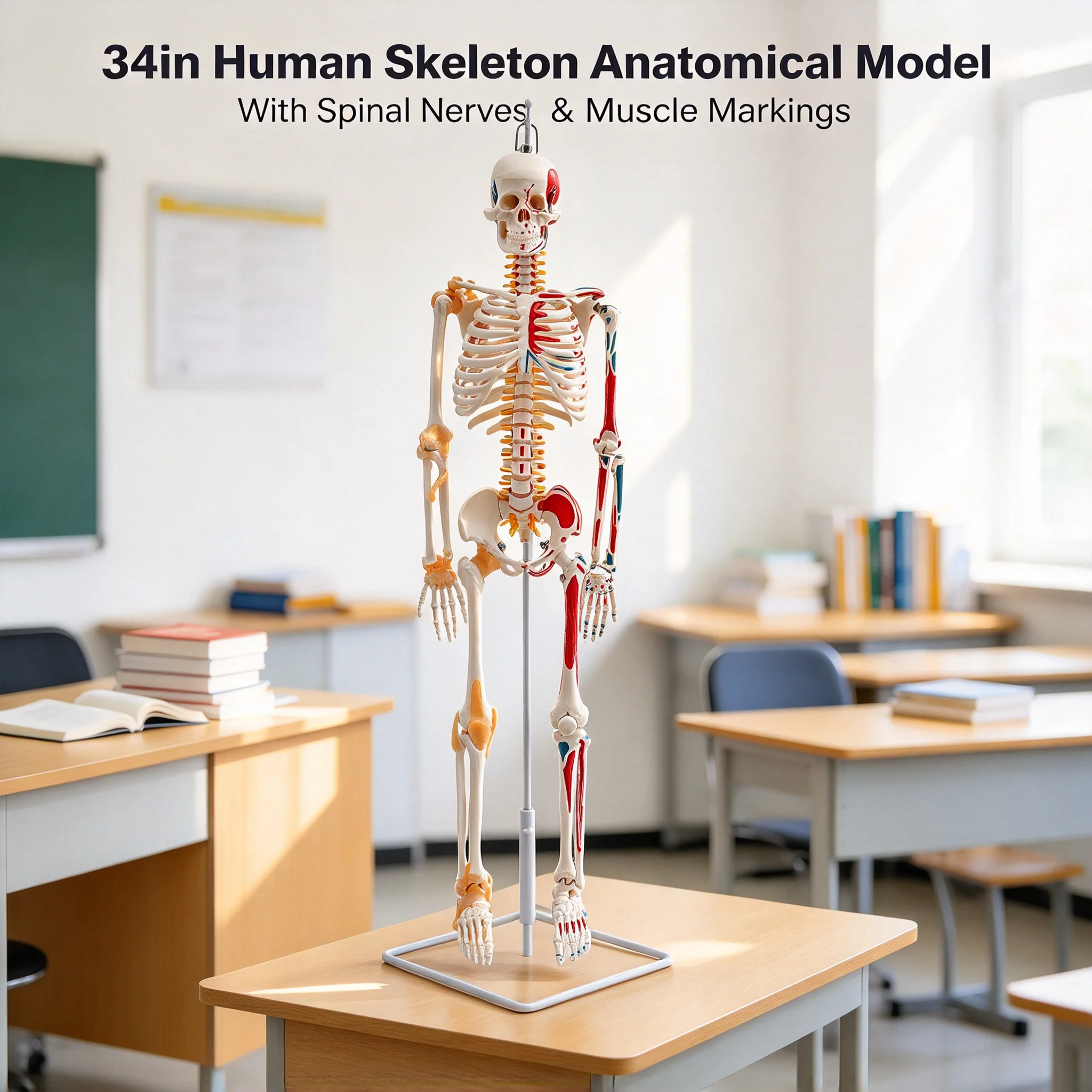 Human Skeleton Model 34in with Spinal Nerves Muscle Insertion & Origin Points, Hanging Anatomical Skeleton with Joint Ligaments Detachable Arms Legs Openable Skull for Medical Teaching Art Reference