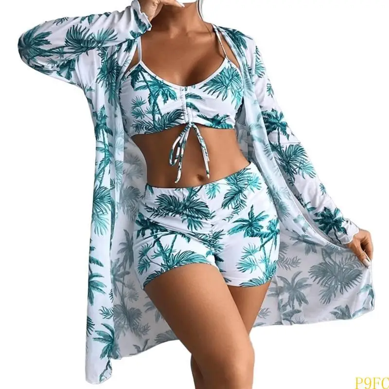 بدلة طباعة أزياء P9FC مجموعة للنساء ملابس السباحة مع التستر على الشاطئ Kimono High Weist Boyshorts زي السباحة المبطنة