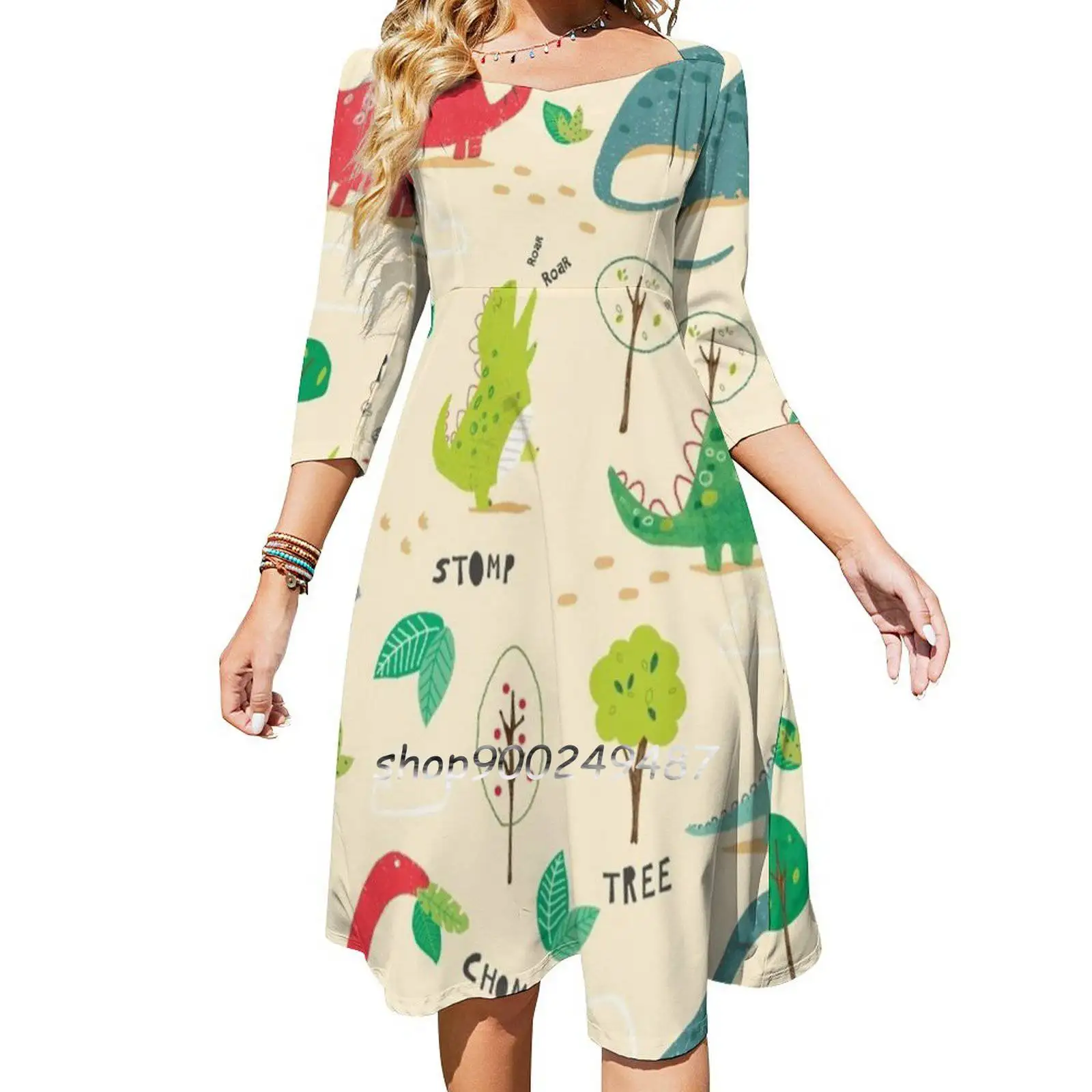 Rooooooarsome!!! Women Spring Autumn Long Sleeve Dress Female Casual Dress Pattern Dino Dinosaur Surfacepattern Cute Juvenile