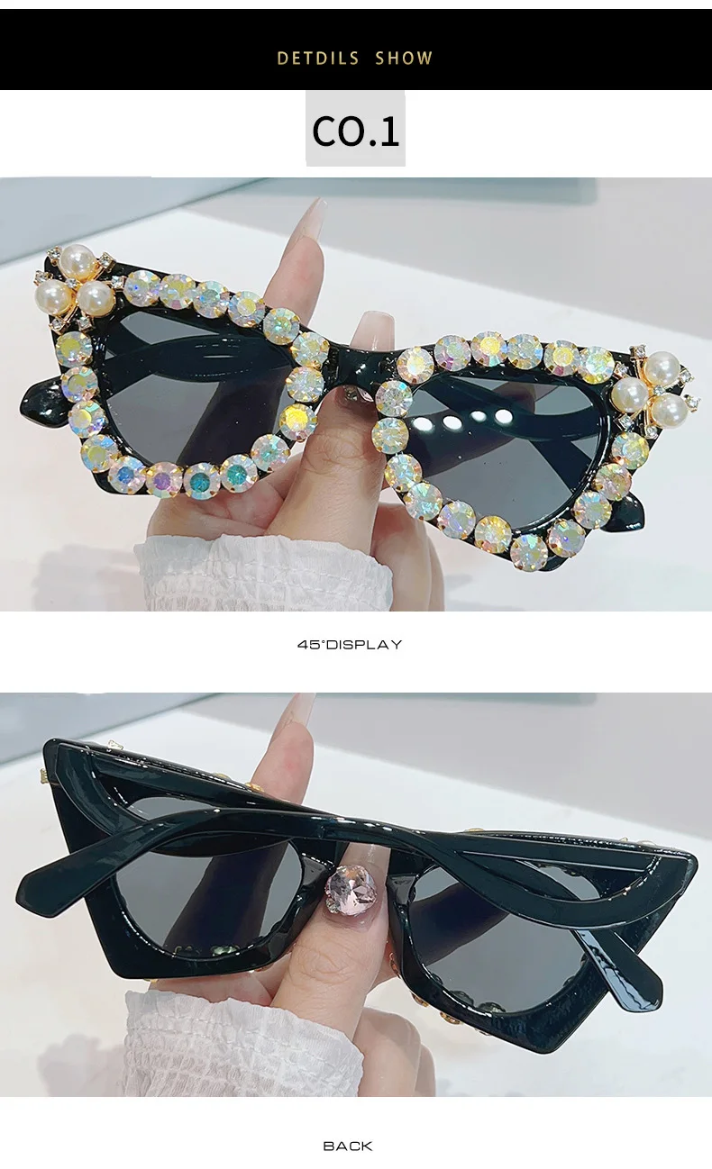 Glänzende Diamanten Cat Eye Sonnenbrille Frauen Luxus Perle Trends Punk Sonnenbrille weibliche Schatten UV400 Gradient Strass Brille – Detail 6