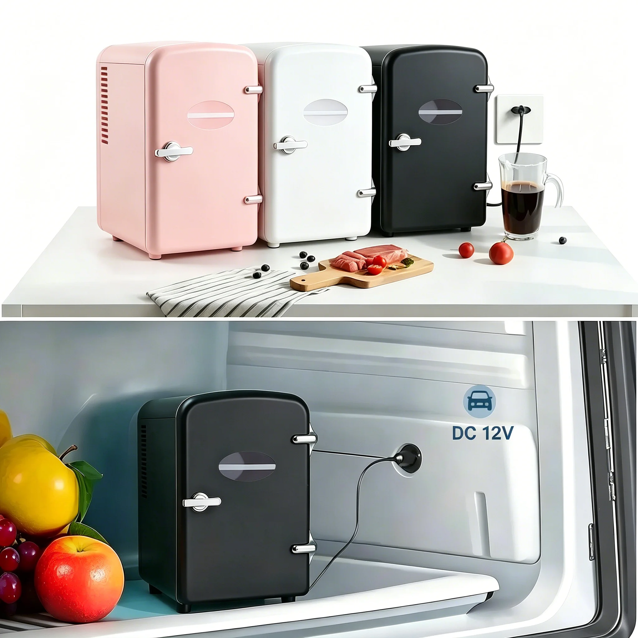 Refrigerador pequeño de 4L en negro, rosa y blanco – Portátil, silencioso, 26 cm – Cabe en el coche