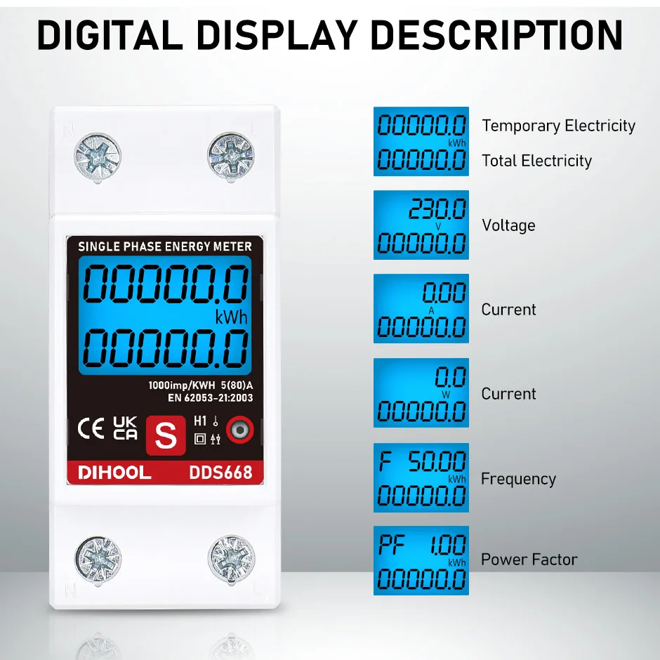 

Din Rail Single Phase LCD Digital Energy Meter Reset Zero kWH Voltage Current Power Monitor Electric Wattmeter 220V