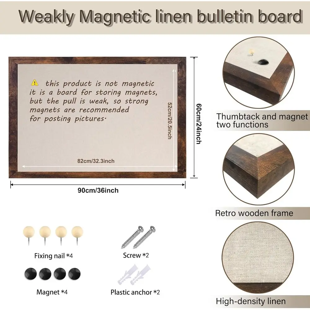 Quadro Magnético Rústico 36x24 com Linho para Casa e Escritório, Inclui 4 Alfinetes e 4 Ímãs