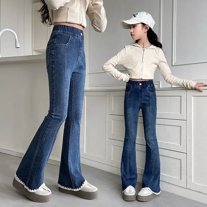 

New Arrived Korean Child Flare Jeans with Lace for Girls Retro Blue Boot Cut Denim Pants Kids Teenager Classic Jeans Trousers