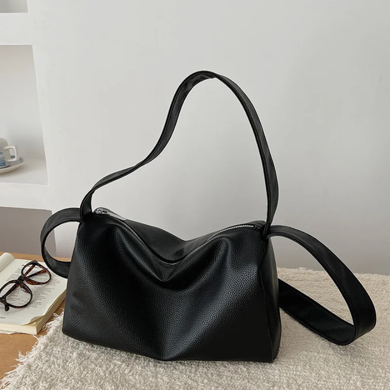 

Сумка через плечо с ретро-узором личи, однотонная сумка-боулинг на молнии, вместительная сумка через плечо, универсальная мягкая сумка с широким плечевым ремнем