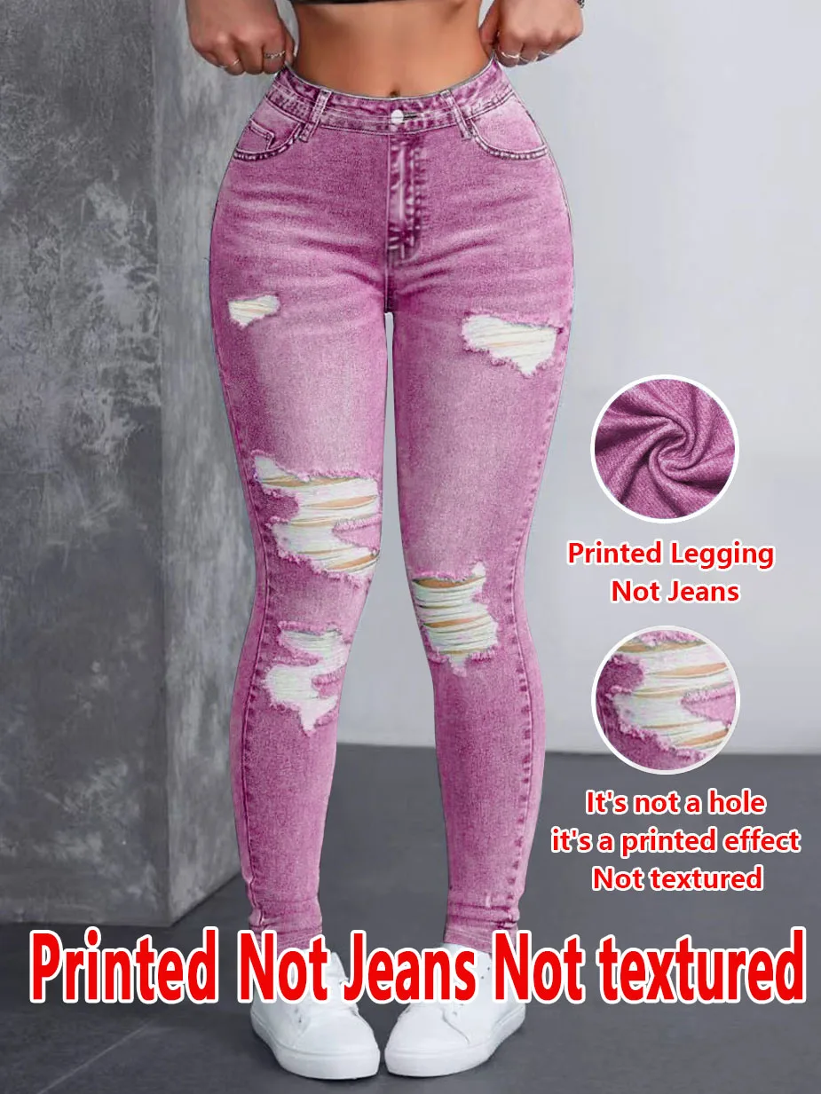 1278 [Printed Pants - Not Denim Fabric] Women's High-Stretch Imitation Denim Distressed Oversized Pants - Wide-Look for Skinny
