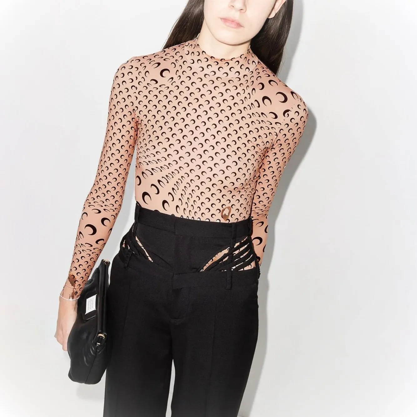 Moon Print Base Layer Shirt Long Sleeve Half High Collar Elastic T-Shirt Layering Trendy Top Inner Wear Autumn Winter for Women
