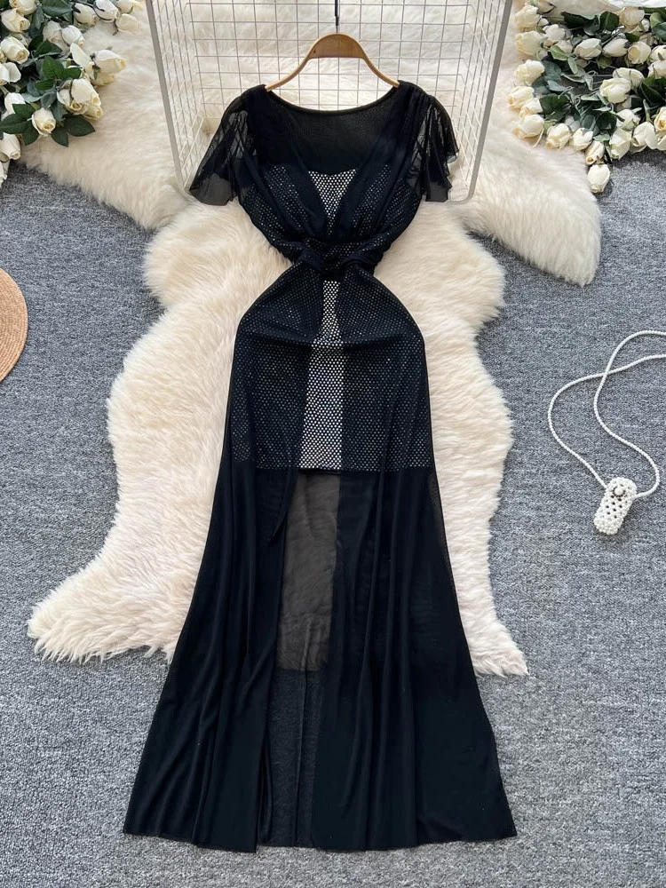 夏の女性の半袖メッシュドレスハイウエストAラインスカートデザインスパンコールパッチワークエレガントロングドレス通勤韓国スタイル