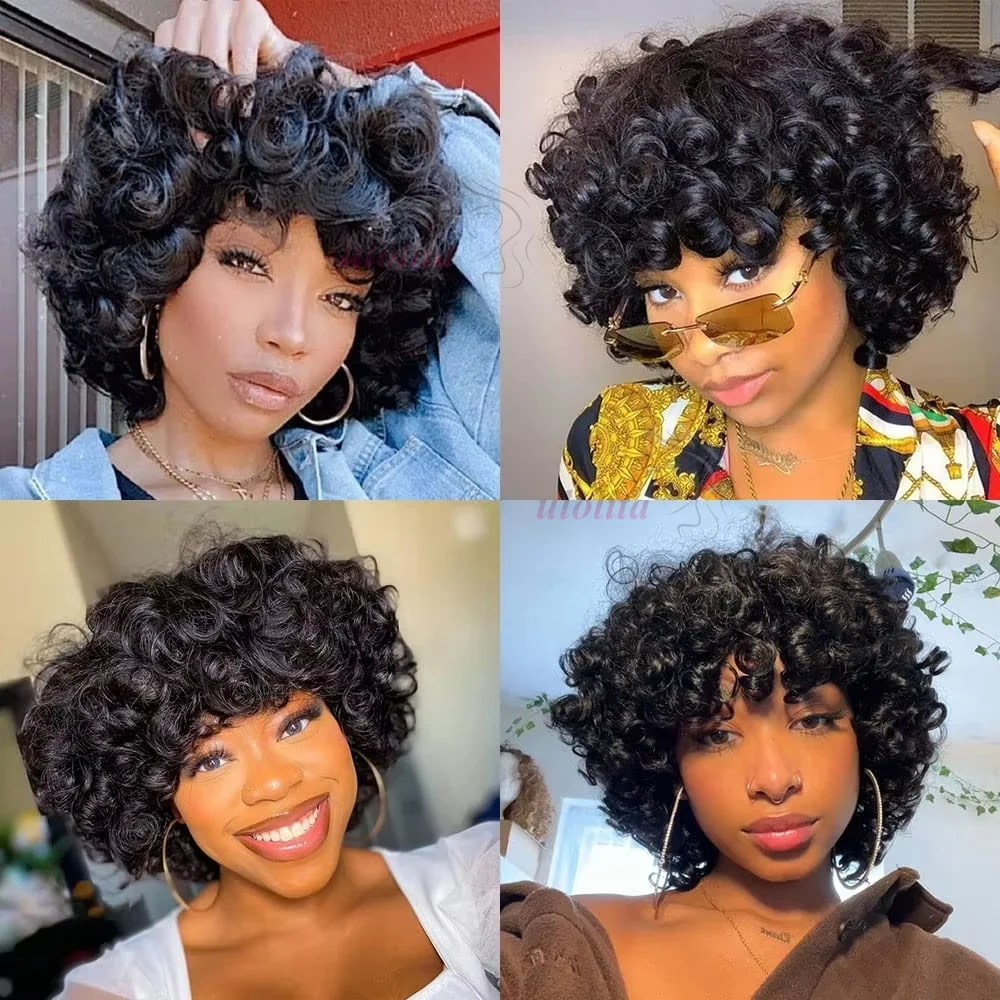99J Burgunder Fumi Lockige Bob-Perücke, Federnde Pixie-Cut-Perücke mit Highlights, Vollmaschinell Gefertigte Eierlocken, Lockige Echthaar-Perücken für Frauen mit Pony – Detail 15