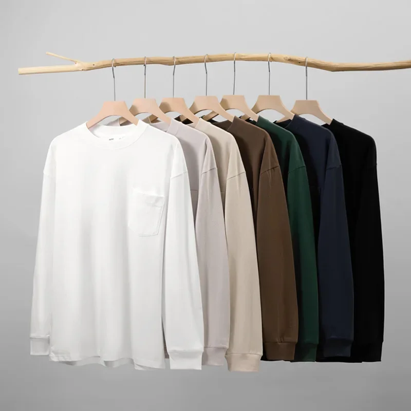 Men's Autumn 100% Cotton Pocket Long Sleeved T-shirt Casual Round Neck Bottom Shirt Women's Solid Color Top