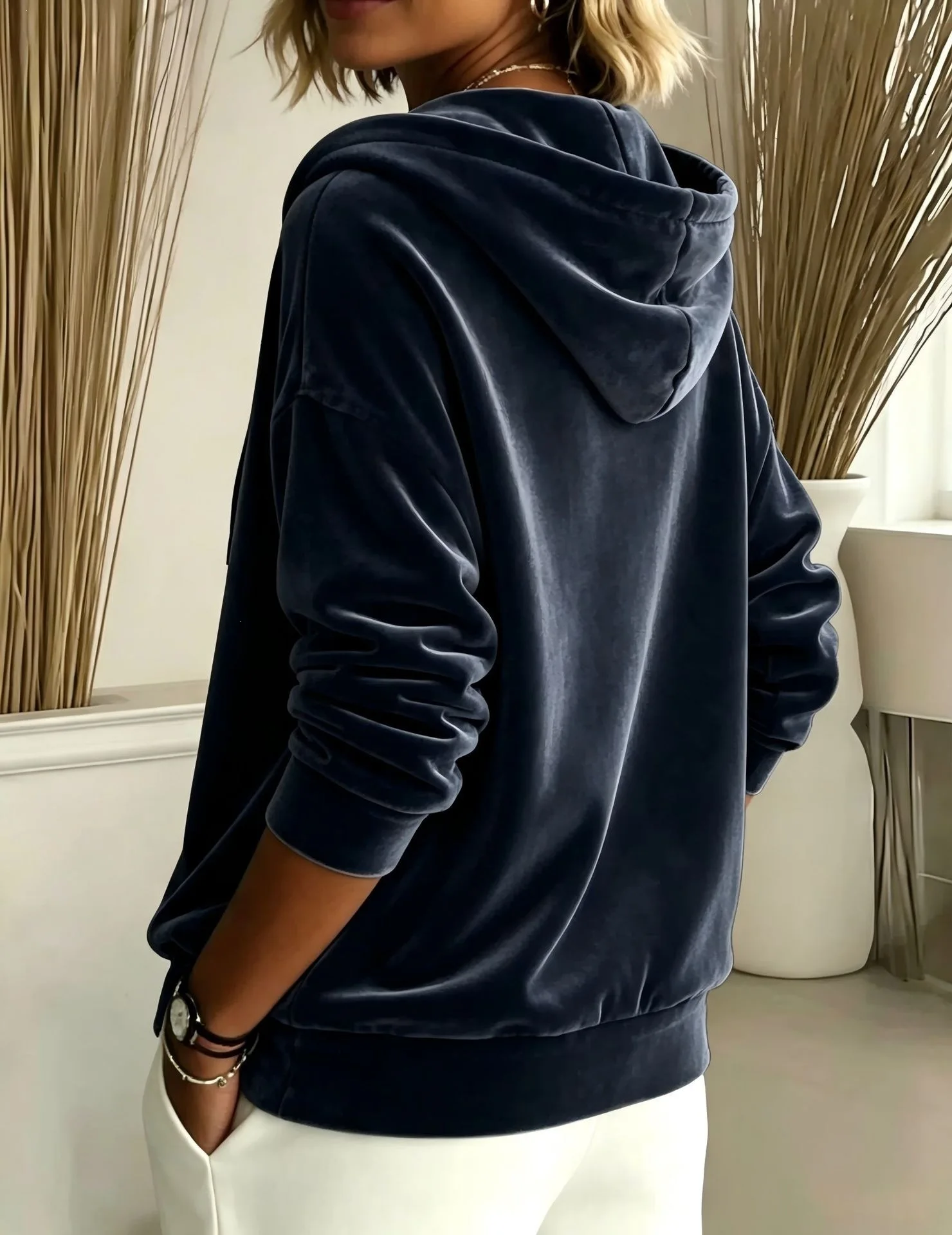 2026 Herbst Winter Neue Damen Freizeitjacke aus Samt mit Kordelzug, Kapuze und Reißverschluss, Langarm-Hoodie – Detail 3
