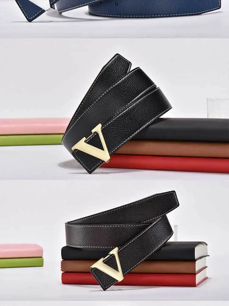Hochwertiger Herrengürtel mit Glattschnalle; Koreanischer Modetrend V-Buchstaben-Gürtel; Herrengürtel – Detail 4
