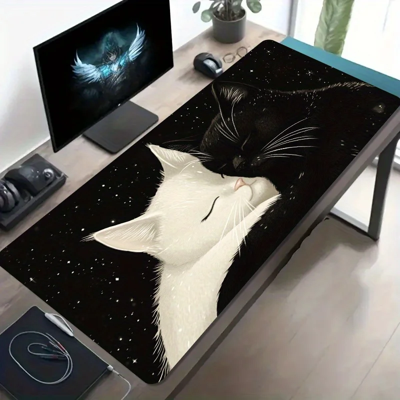 Black White Cats Starry Night XXL Gaming Mouse Pad Large Desk Mat Non Slip Washable Rubber Base PC Laptop Gamer Gift