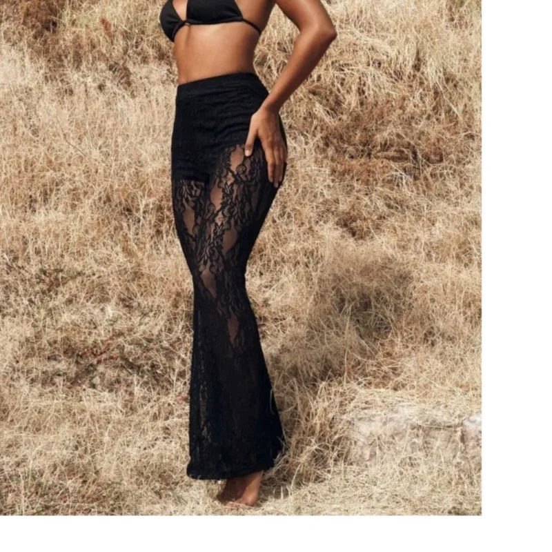 Pantaloni Vintage Neri da Donna con Spacco e Cuciture in Pizzo Sexy a Doppio Strato Casual Primavera Estate Semplici Pantaloni a Zampa Alta