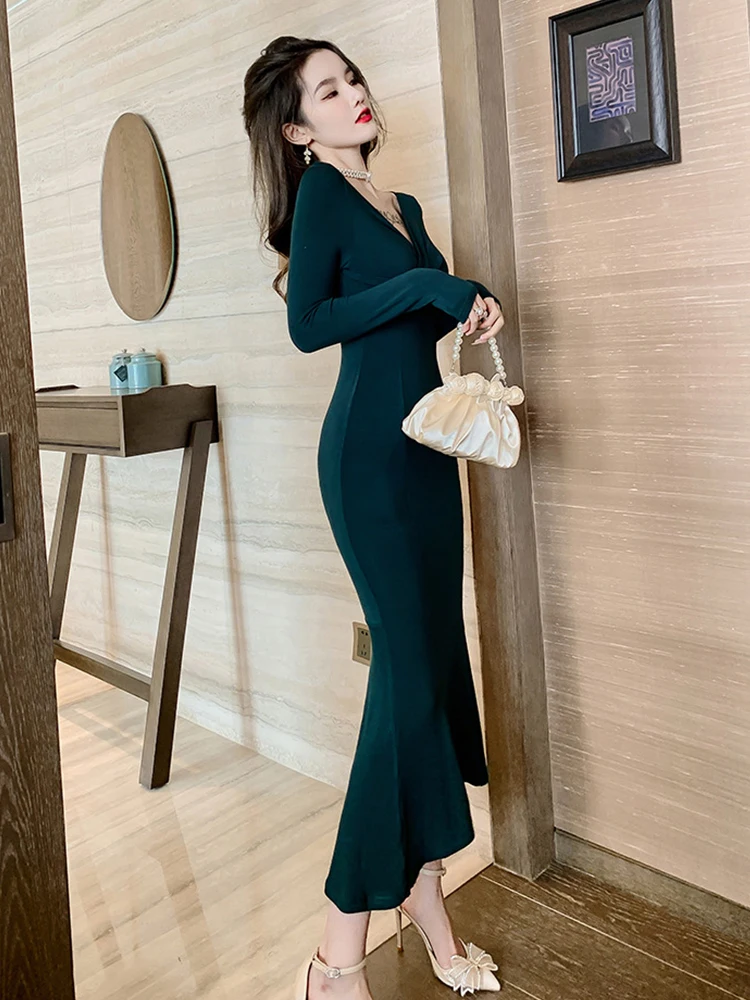 Elegant Casual Maxi Dresses for Women 2023 Dark Green Cross Long Sleeve Bodycone Trumpet Robe Femme Party Basics Street Vestidos