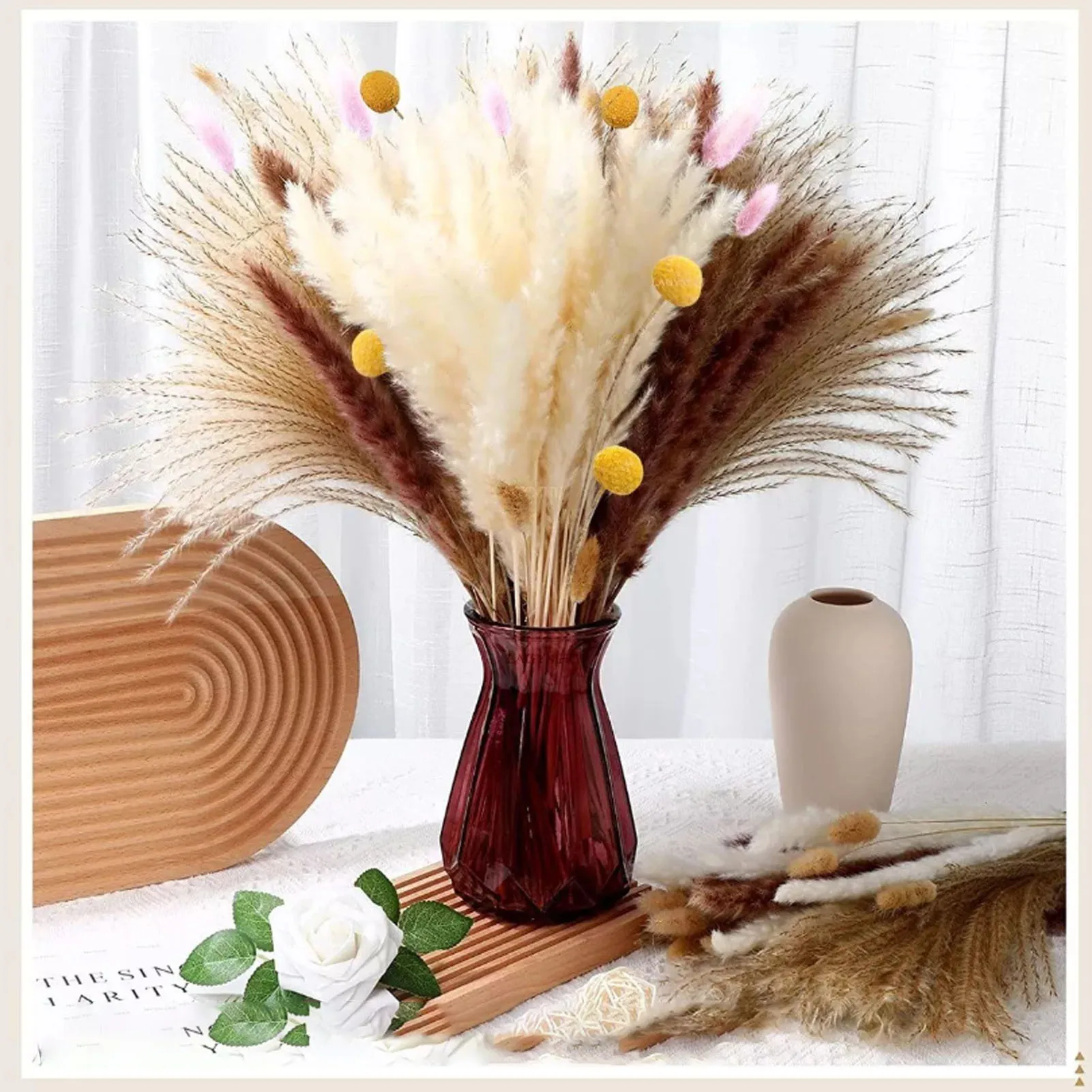 70 Pcs Dried Flower Bouquet Pampas Grass Reed Grass Pink Bunny Tails Yellow Billy Button Dried Flower Decoration