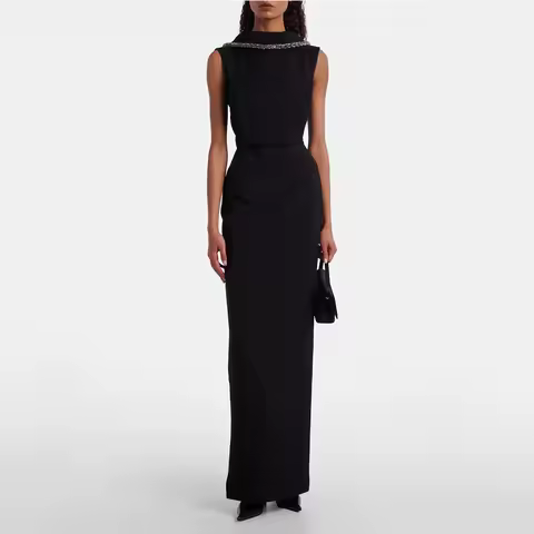 Black Evening Gown For Women Sheath Saudi Dress Floor Length Formal Party Dress Sleeveless Beading Prom Dress