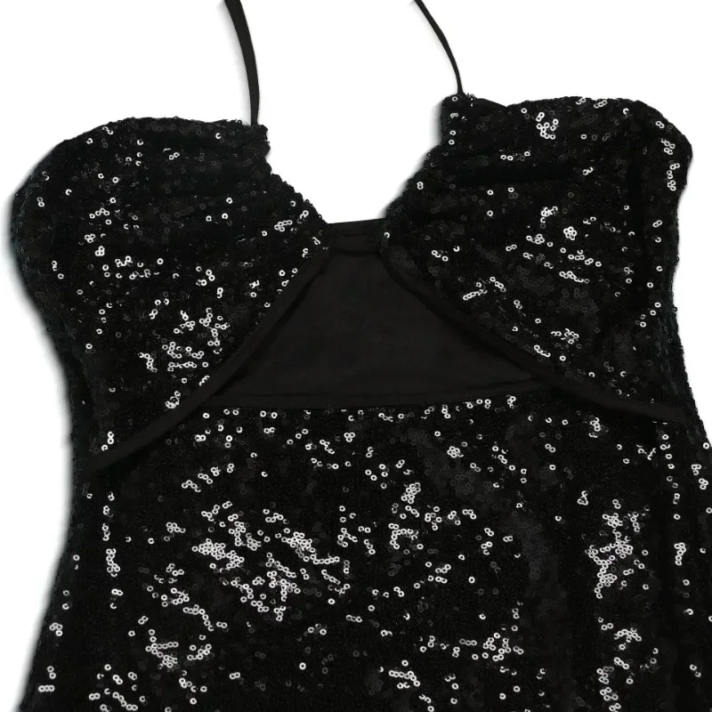 GUWU Sexy Ausschnitt mit Pailletten, ärmellos, Neckholder, Geburtstag, Abend, Partykleid, aushöhlen, rückenfrei, Clubwear, lange Maxikleider