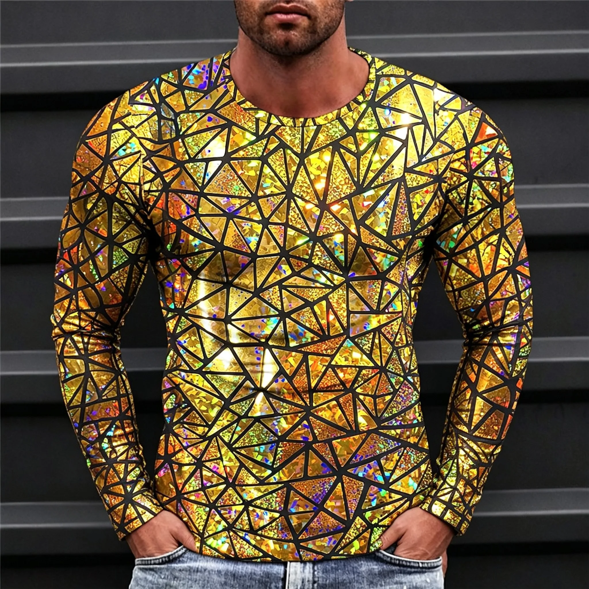 Men's Long Sleeve T-Shirt 3D Abstract Liquid Geometry Print Crew Neck Psychedelic Streetwear Casual Tops