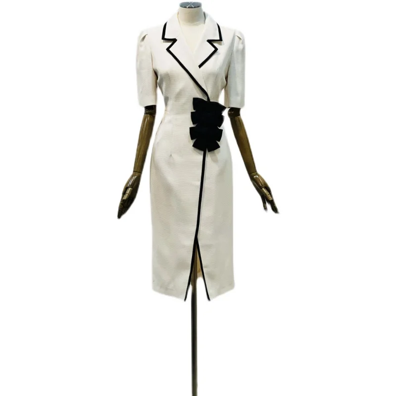 Ele 2023 New Faion ort Sve Suit Collar Commute  Knot Splice Mid-Length Slit Dr Summer Women's Dr