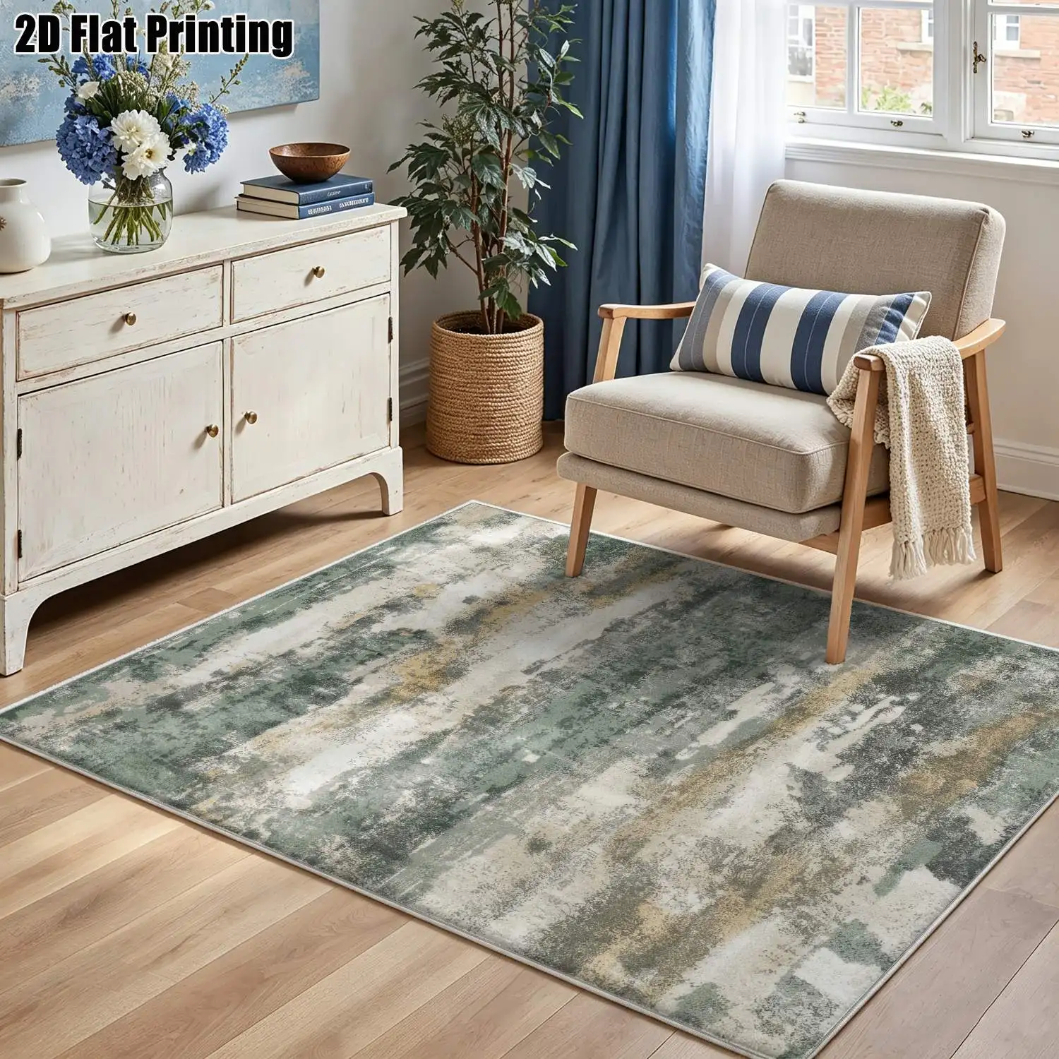 1Pc 2D Printed Velvet Carpet, Gray-Green-Yellow Abstract Art Nordic Instagram Style Floor Mat, Machine Washable Multi-Size Home Decor Rug