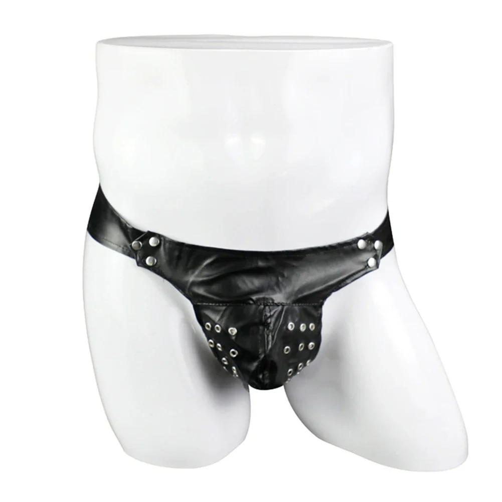 Mens Sexy Underwear Faux Leather Metal Studded Thong Briefs Backless Open Buttocks Jockstrap Underpants Tie Erotic Lingerie