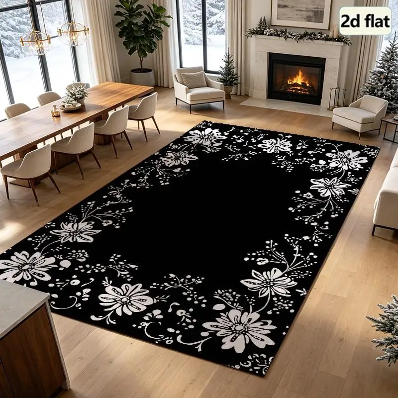 1PC Black White Floral Pattern Area Rug Runner Rug Non Vintage Office Decor Spring Outdoor Rugs Washable Rugs Runner Boho Home Decor Aesthetic Outdoor Laundry Bedroom