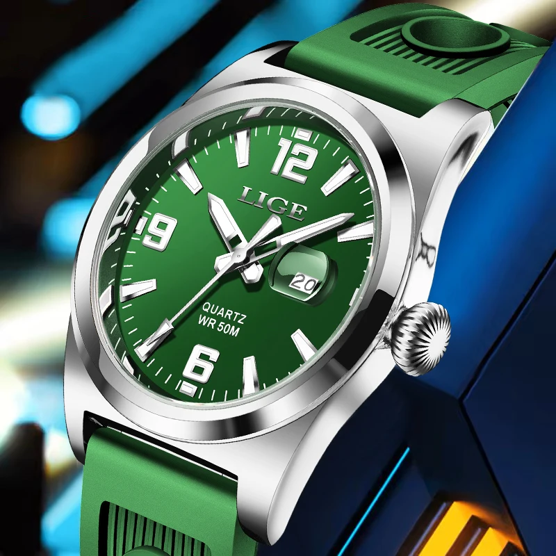 

New Original LIGE Men Watch Top Brand Luxury Green Silicone Luminous Watches For Men Fashion Military Chronograph Reloj Hombre