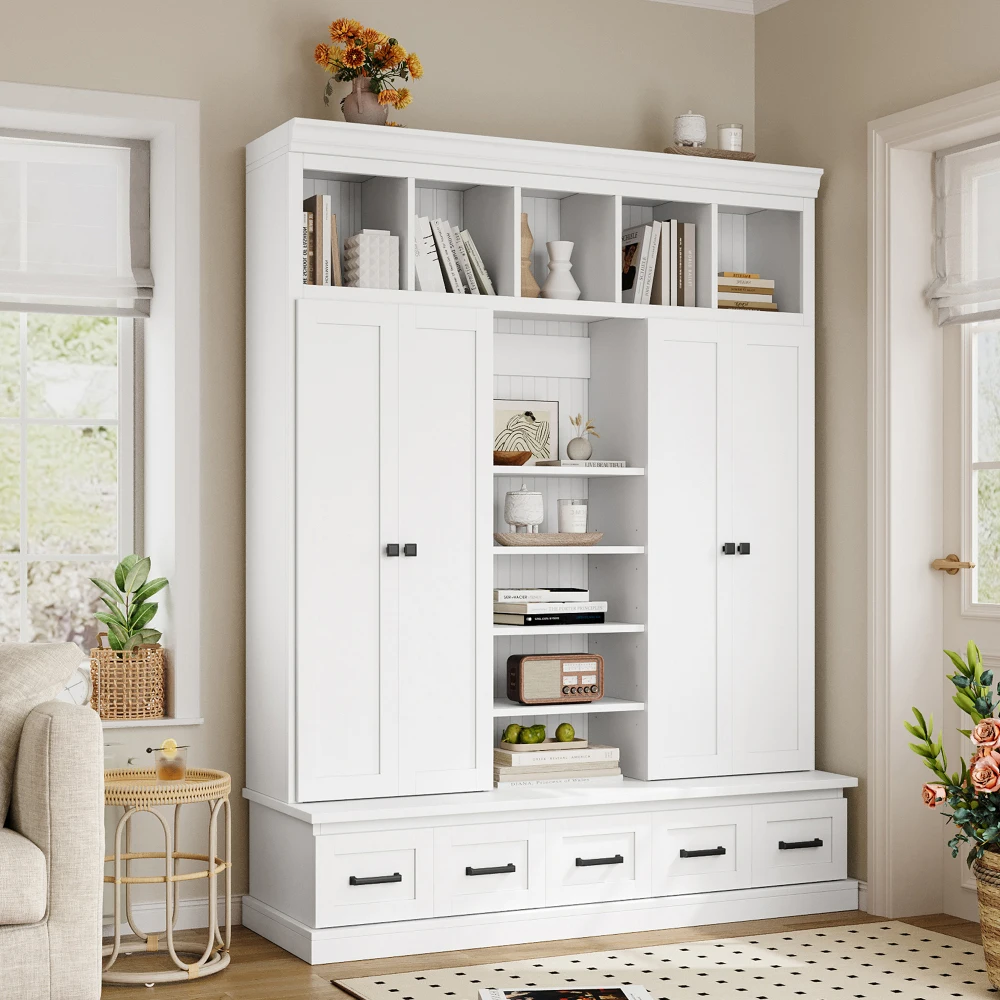 

U-Can 78.7''H Hall Tree with Bench and 5 Storage Cubbies Modern Entryway Storage Organizer Cabinet with 4 Doors 5 Drawers
