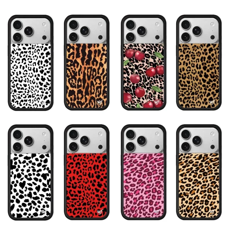 Wildflower Fashion 3D süße Kirsche Leopardenmuster Handyhülle für iPhone 17 15 14 13 12 16 Pro Max 16 Plus wf Leopardenbraune Hülle ﻿