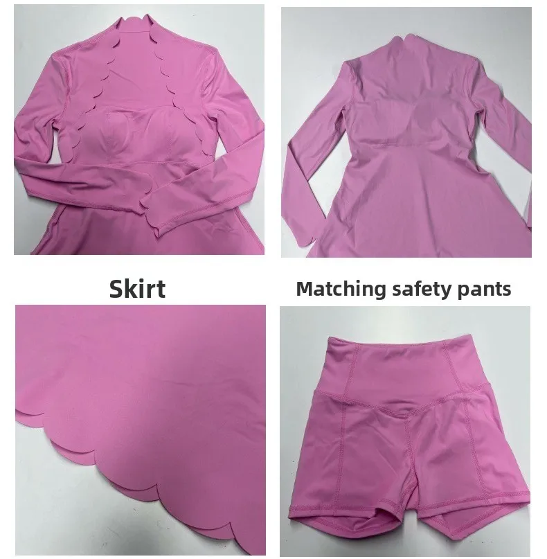 tennis dresses Autumn and winter women\'s long-sleeved tennis dress wavy petal yoga dress quick-drying sport dress golf wear