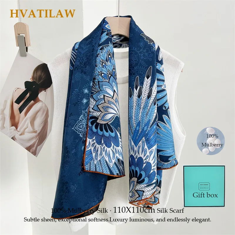 Luxuriöser 100% Maulbeerseide Schal 110cm Quadratisch Handgerollter Echter Großer Quadratischer Schal für Damen Doppelseitig Bedruckter Schal Wickeltuch Bandana