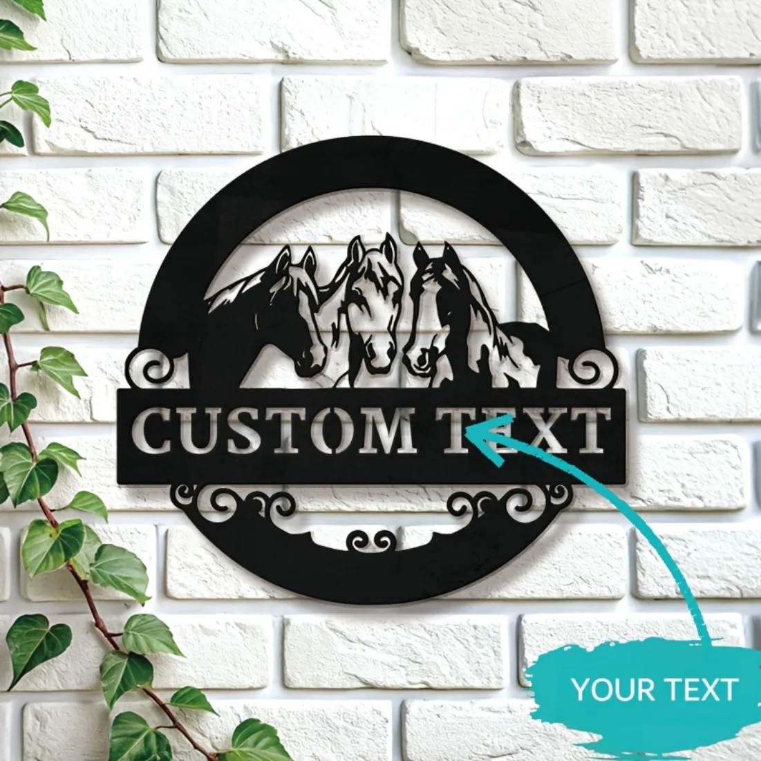 Tailor-Made Horse Silhouette Metal Wall Art - Personalized Text Design | Rustic Farmhouse Charm for Home & Garden.