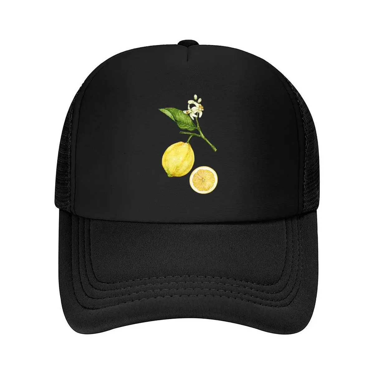 Watercolor Lemon Branch White Blossoms Whole Lemon And Lemon Slice Botanical Mesh Baseball Cap Hip Hop