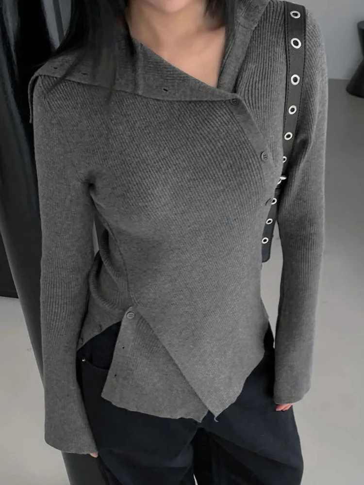 

Korobov Casual Streetwear Slim Autumn Turn Down Collar Long Sleeve All Match Irregular Knitted T-Shirts