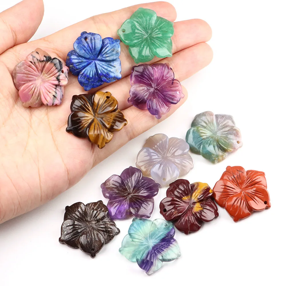 

28mm Natural Stone Drilled Peach Blossom Flowers Pendant Reiki Gemstones Crystal Amethyst Quartz for Jewelry Making DIY Necklace