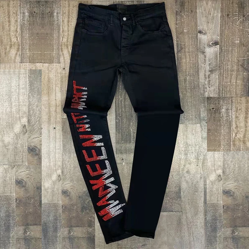 Y2k Skinny Slim Fit Hot Drill Punk streetwear Biker Trousers Men's Denim Pencil Pants Size28-40 Man Black Ripped Stretchy Jeans