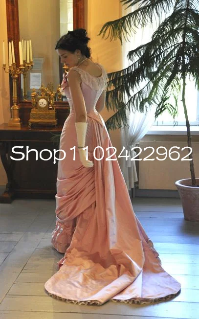 Vintage Pink Form Ball Gown Prom Dresses Lace Stain Victorian Society Historical Halloween Masquerade evening gowns customsized