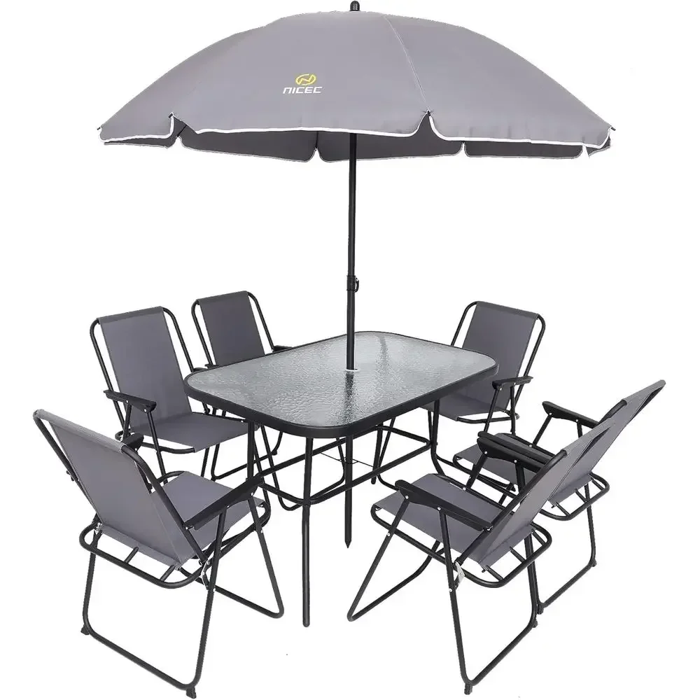 

8-Piece Outdoor Dining Set with Umbrella, Grey Glass Table & 6 Folding Chairs