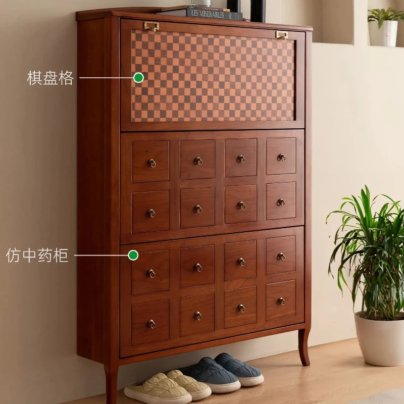 X-S  Tipping bucket shoe cabinet Solid wood ultra-thin  medieval sliding door entrance cabinet  HG