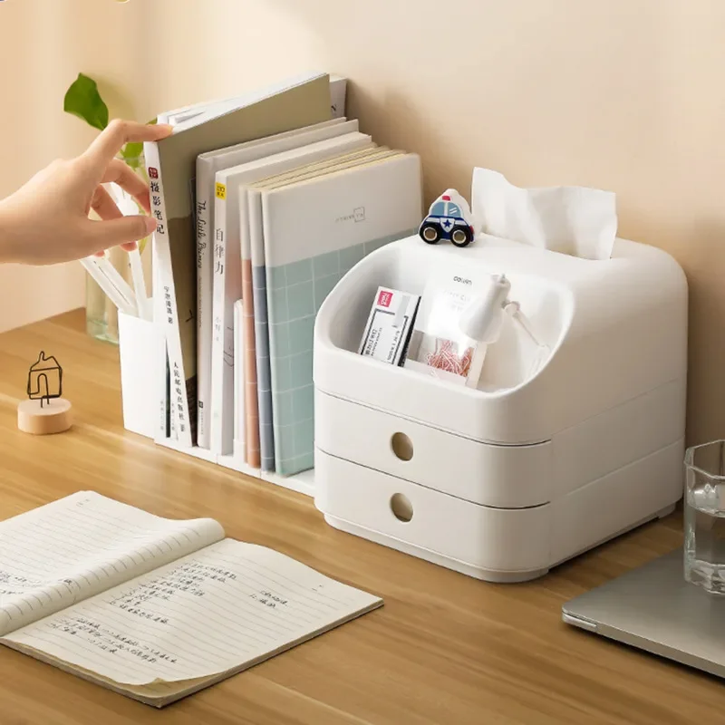 

Simple and Modern Book ShelvesMulti-layer Tissue BoxesDesktop Makeup Organizer with Drawer Design for Versatile Scenes